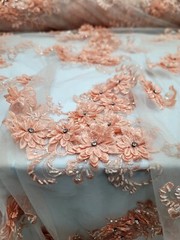 Peach Floral 3D Beaded French Embroidered Handmade Mesh 3D Lace Fabric By Yard