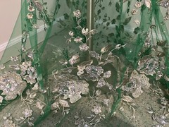 Green Gold Silver Embroidery Rhinestone Beads Lace Fabric 50” Width 1 Yard