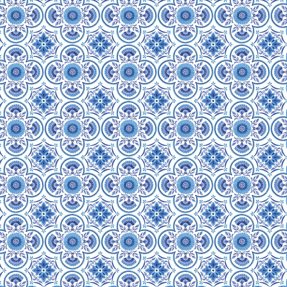 BENARTEX – Capri by Kanvas Studio – Medallion Tiles – White/Blue ,1/4 yard
