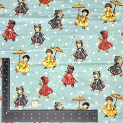 “Sweet Rain” Michael Miller Retro Girls Umbrellas Polka Dots Flannel Fabric BTY