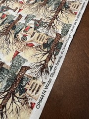 SUSAN WINGET Winter Church Scenic SNOW FALLING Bare TREES Red Cardinals BTY 44″W