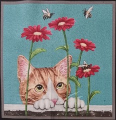 Elizabeth’s Studio~”Kitty Cat, Flowers & Bees”~Cotton Fabric Panel ~ 6.75″x6.75″