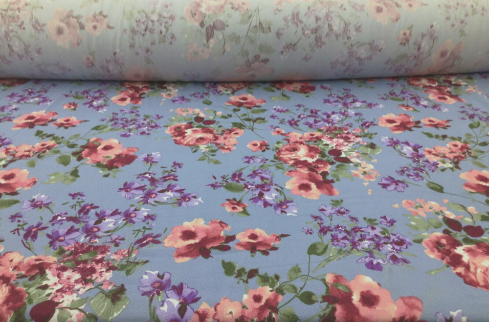 Printed Liverpool Textured Fabric Stretch Blue Gray Pink Purple Floral 1N10