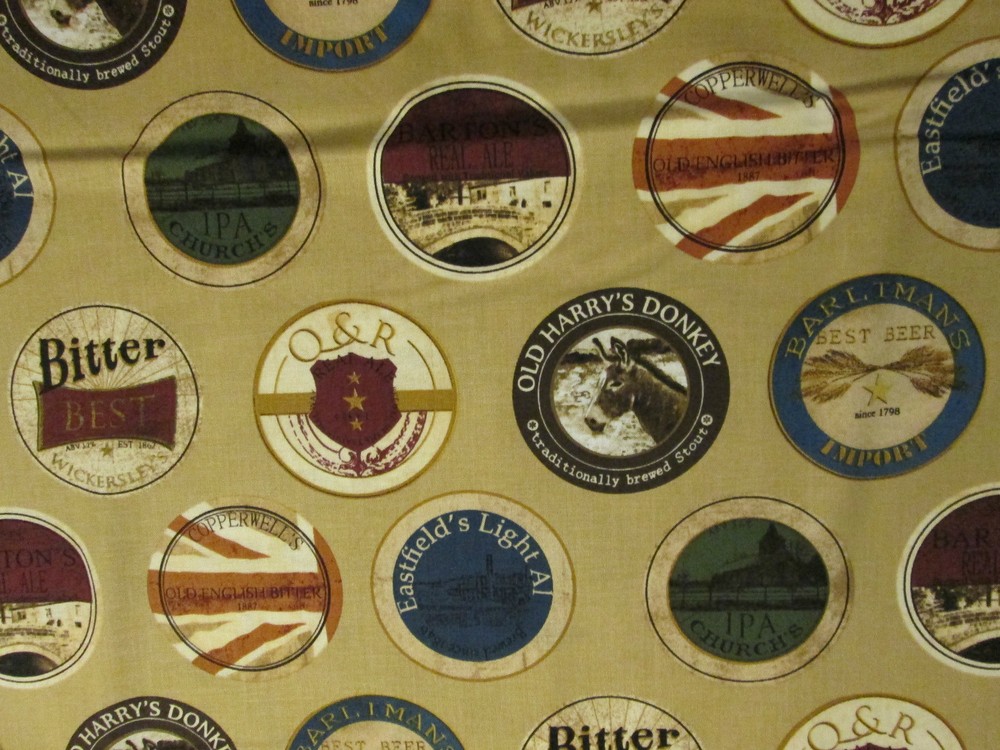 CRAFT BEER LABELS SPECIALTY SPIRITS TAN COTTON FABRIC FQ