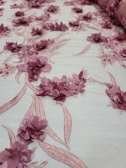 Mauve Bridal 3d Lace Beaded 3d Floral Flowers Satin Embroidered Beads Mesh