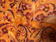 60s-70s VTG Sheer Seersucker Nylon Fabric Orange Floral Paisley 92″x40″ Unused