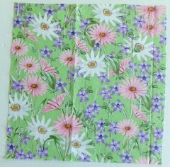 Cotton Fabric Pic D – Pink White Daisies Purple on Green 11 1/4″ L x 11 1/8″ W