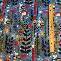Woodstock Music Festival Knit Fabric Blue Red Cotton/Spandex 58″ wide BTY #BT