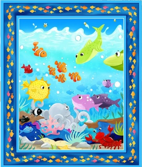 BTY Generic Susybee Under The Sea Fish Panel Cotton Fabric By The Yard Panel