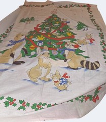 Unfinished Vintage Christmas Baby Blanket Panel Woodland Animals Tree Print 48″x