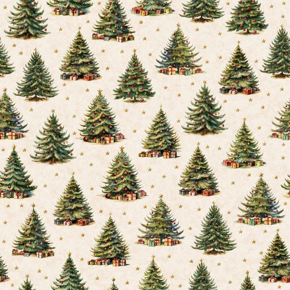 By The Yard ~ Christmas Fir Tree CREAM Digital $3.99 Ships ANY Amount Of Fabric
