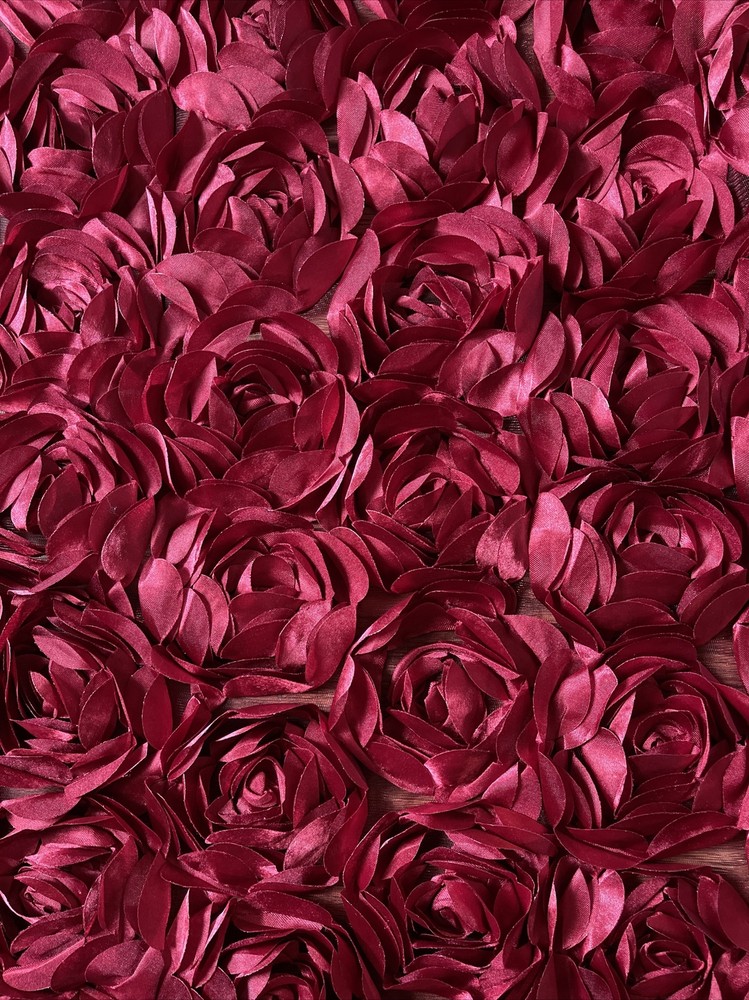 Burgundy Rosette Peony 3D Embroidery Satin Flowers Floral Mesh Fabric By yard