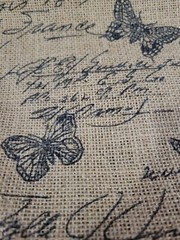 Burlap Fabric Garden Butterflies Writing Stamped 36×50 inches New Cottagecore