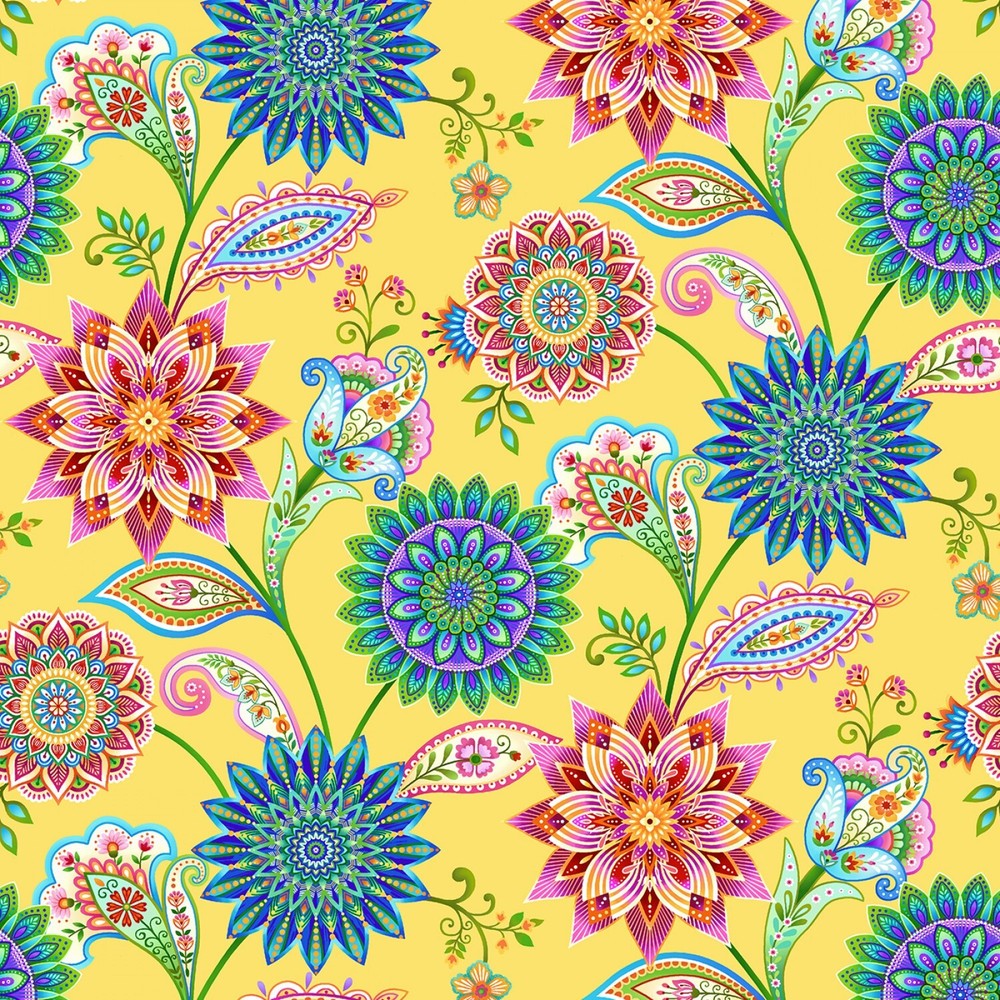 Caravan Yellow Floral Medallion Vines 12 Inch repeat Studio E BTY 44″ Wide