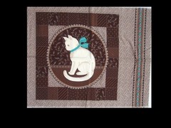 Cranston Cotton Fabric Pillow Panel White Cat w/ Teal Bow Brown Patchwork 17″