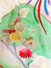 Vintage Japanese Furisode kiomono fabric silk 63” X 14” Multicolor Floral v308