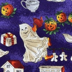 Hi-Fashion Fabrics Ghosts Party Prep Pumpkins Halloween Purple Cotton 1/2 Yd