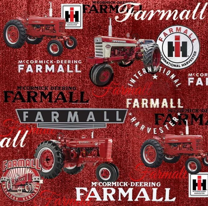 Cotton Farmall Logos Tractors Wood Farmers Red Fabric Print by Yard D368.74