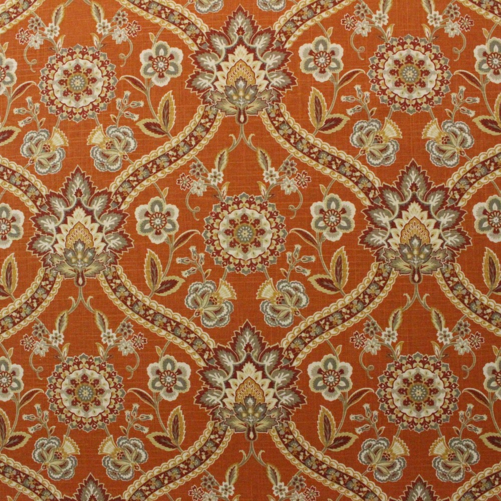 MILL CREEK SALIANNA SPICE ORANGE FLORAL DAMASK VINE LINEN FABRIC BY YARD 54″W
