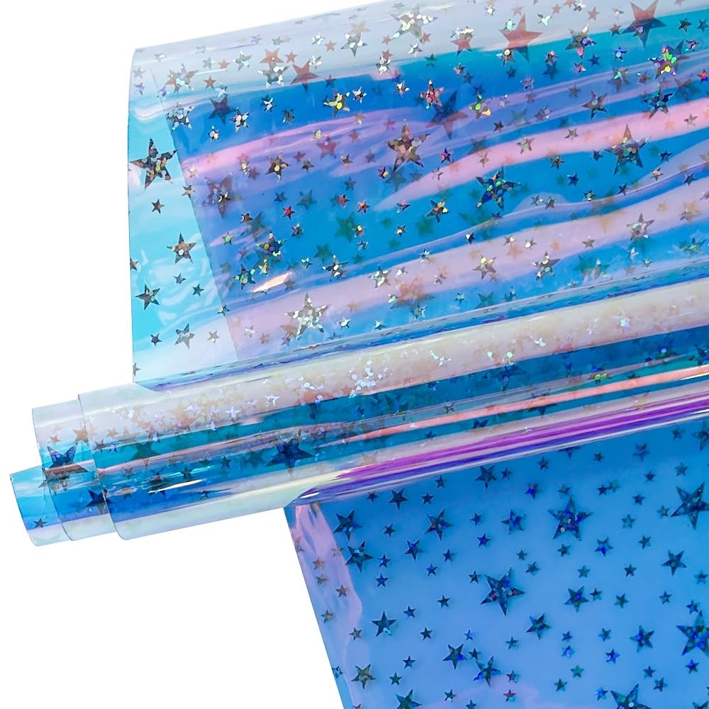 12 Gauge Clear Jelly TPU Fabric Iridescent Glitter Stars 16×53 Inch Blue Craft