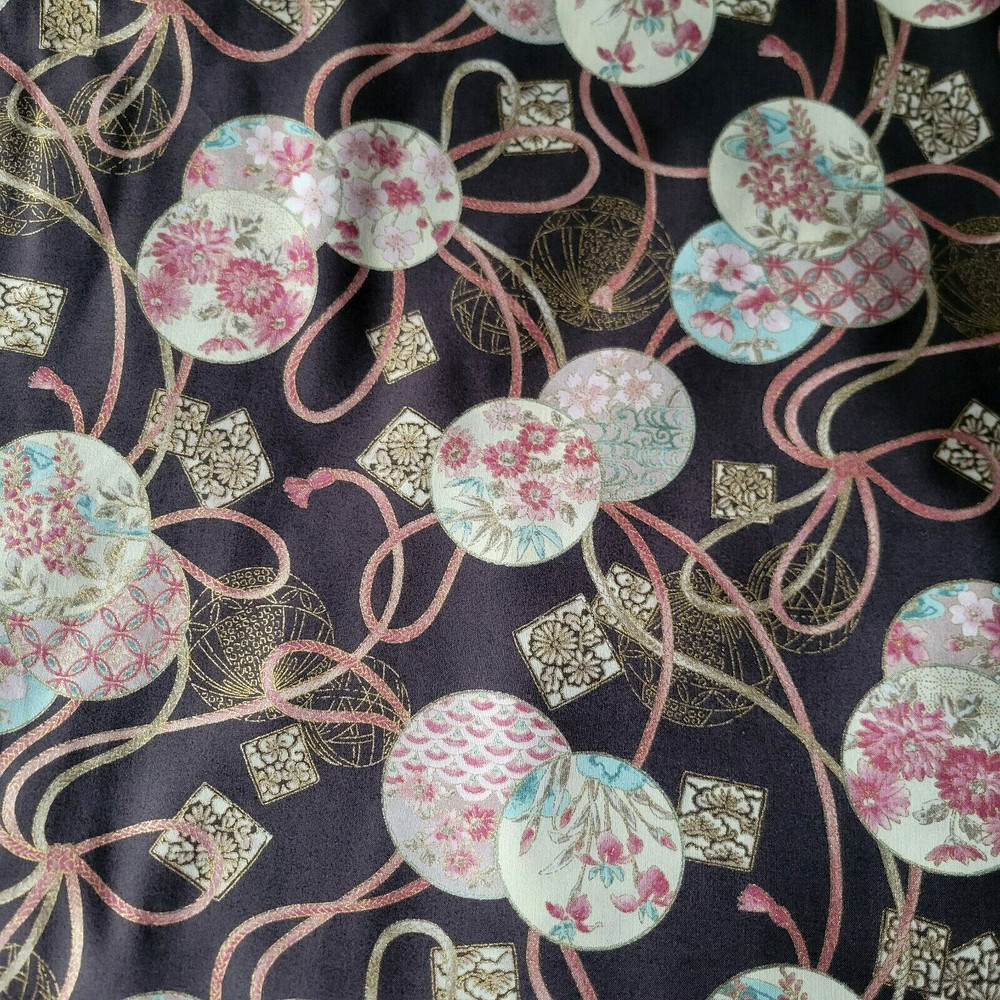 Circles & Ribbons Japanese Floral-Print Gray Cotton Shirting w/ Metallic Gold