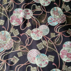 Circles & Ribbons Japanese Floral-Print Gray Cotton Shirting w/ Metallic Gold