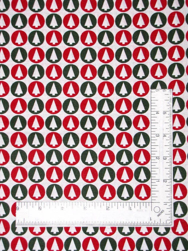 Christmas Tree Fabric Circles Red Green on White Cotton By The Yard