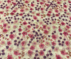 OOP Floral Flowy Lawn Fabric Purple Pink Fuchsia Green On Buttery Cream 2 Yards