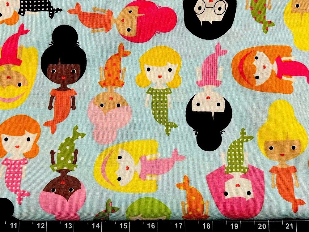 Fat Quarter 18″x21″ Mermaid Fish Aqua Ocean Girl Kids Friend Cute Cotton Fabric