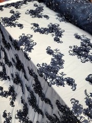 Navy Blue 3D Floral Embroidered With Rhinestones Mesh 3d Lace Fabric By The Yard