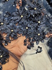Navy Blue 3D Floral Embroidered With Rhinestones Mesh 3d Lace Fabric By The Yard