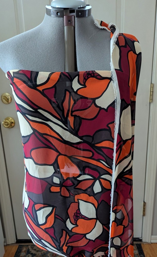 Brown, Orange, Red Mod Floral Chiffon Apparel Fabric Remnant – 1 Yards x 58″