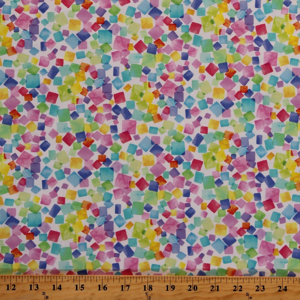 Cotton Colorful Geometric Squares Rainbow Fabric Print by the Yard D779.81