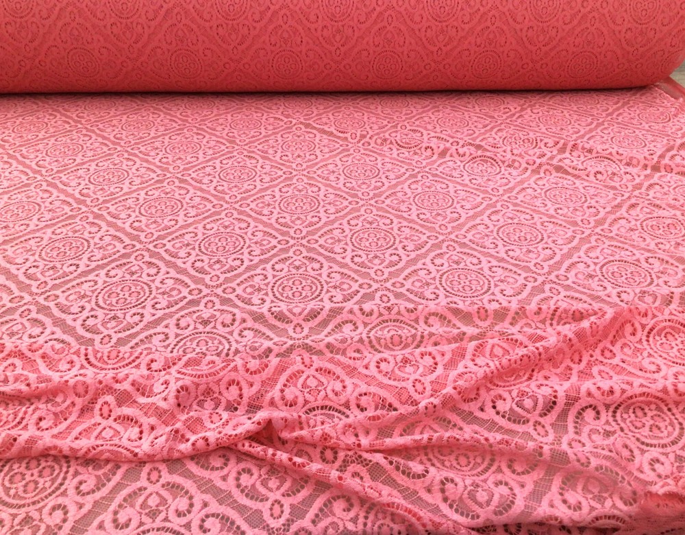 Embroidered Stretch Lace Apparel Fabric Sheer Diamond Rose Pink UU514