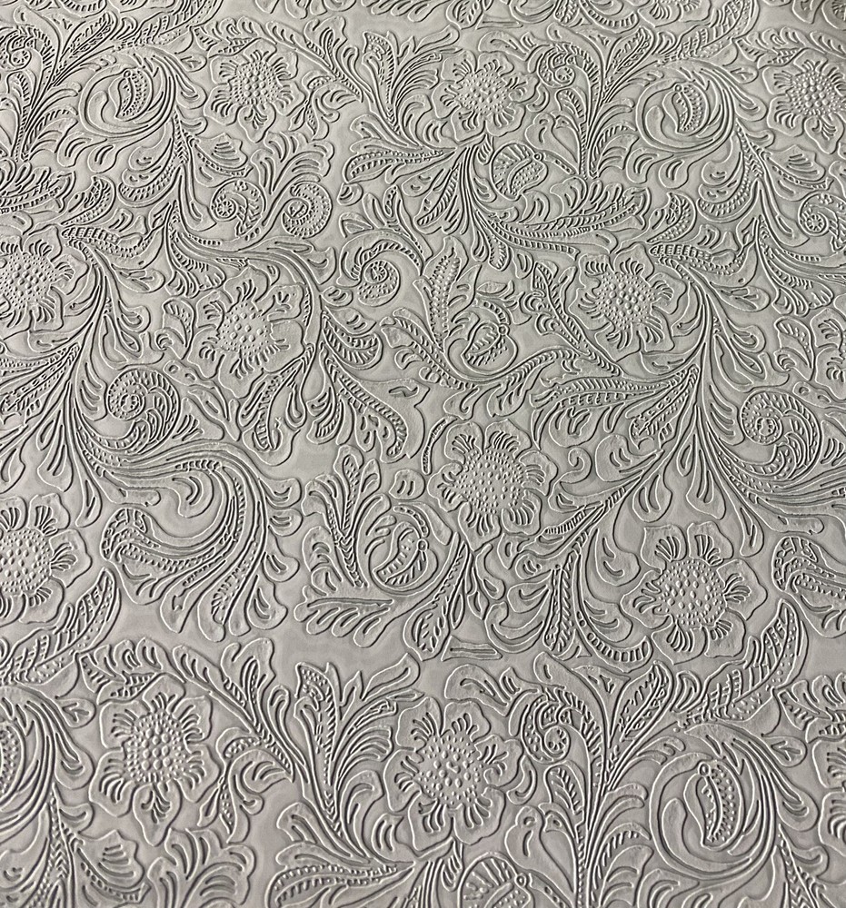 Silver/ Gray western floral Embossed vinyl faux leather upholstery Fabric Yard