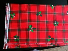 Vintage Wamsutta Large Scale Red & Green Plaid w/Holly Leaf & Berry 60″ Wide BTY