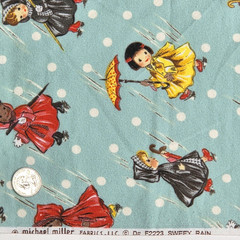 “Sweet Rain” Michael Miller Retro Girls Umbrellas Polka Dots Flannel Fabric BTY