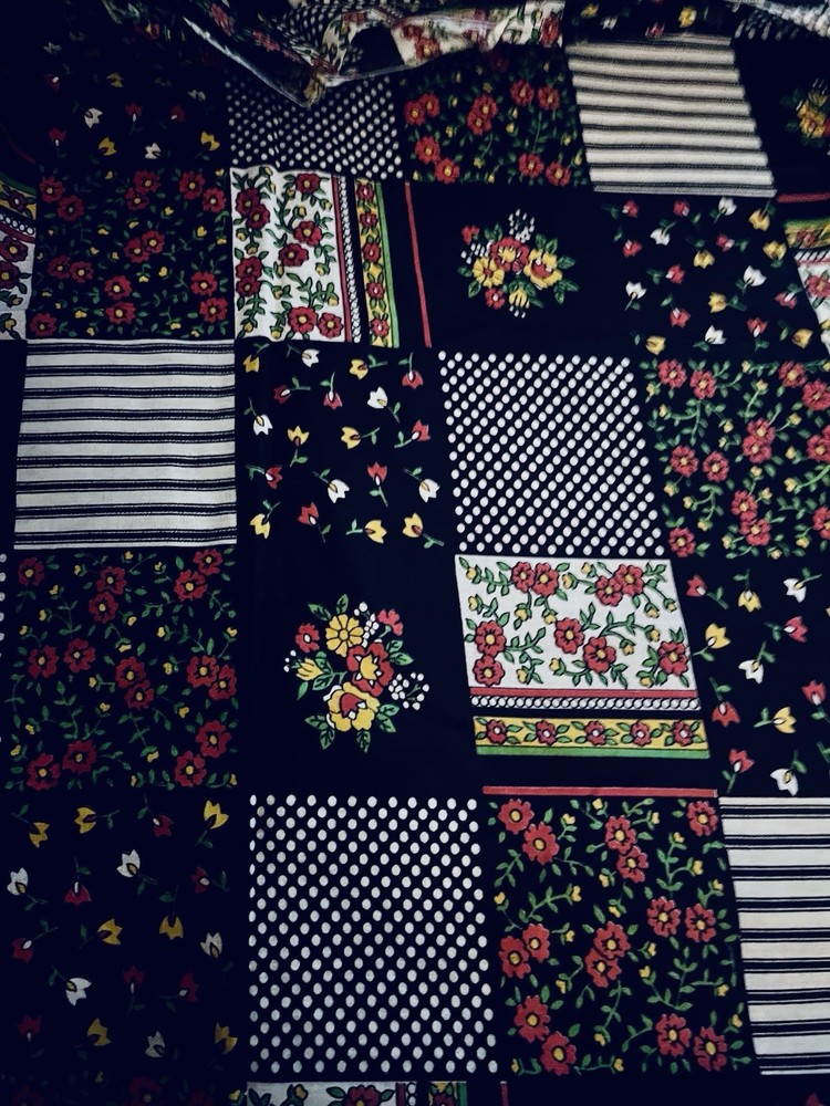 VTG Black & Brights Faux Ditsy Dots & Stripe Patchwork 3 ” SQ Cheater Quilt BTFQ