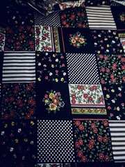 VTG Black & Brights Faux Ditsy Dots & Stripe Patchwork 3 ” SQ Cheater Quilt BTFQ