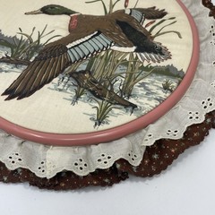 Vtg Set of 3 Hoop Fabric Wall Art Mallard Duck Decor Ruffled Lace Round Cabin