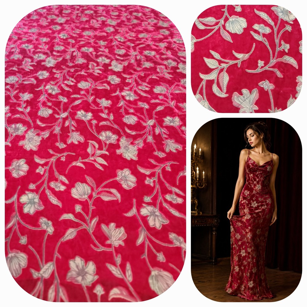 VTG 90s Red Floral Burnout Velvet Fabric 55″ Wide 4.94 Yards