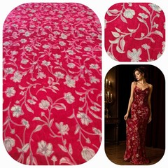 VTG 90s Red Floral Burnout Velvet Fabric 55″ Wide 4.94 Yards