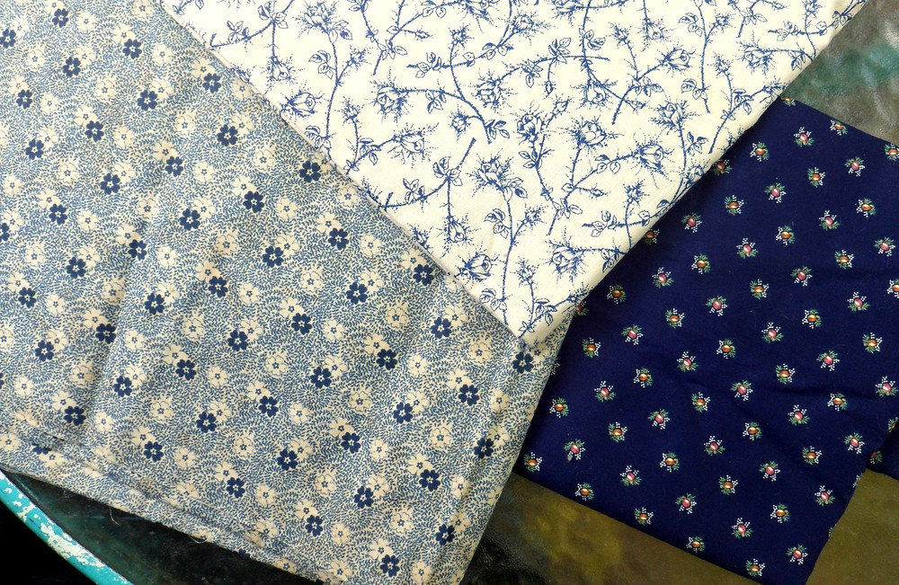 Lot Of 3 Vintage Floral Fabrics Cotton Blue Calico General Fabric Co Marcus Bros