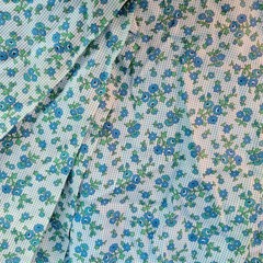 Vintage 60s Blue & White Cotton 5 yds Floral Grid Pattern 37W x 182L Lightweight