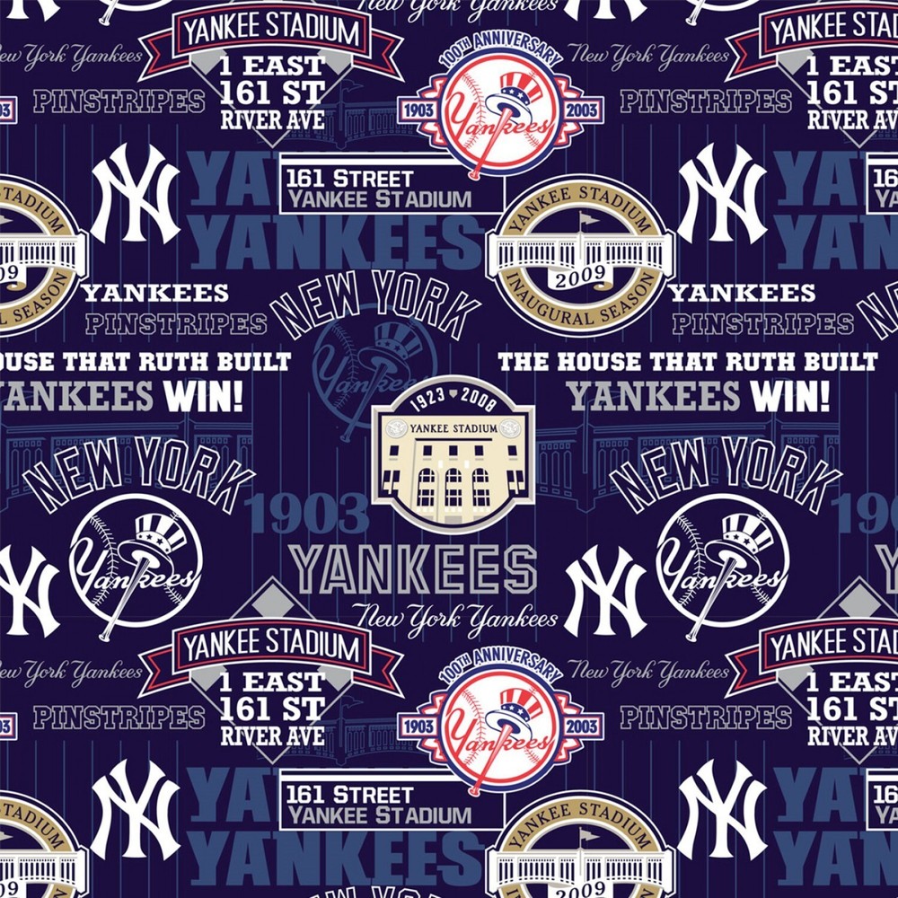 BTY MLB New York Yankees Stadium Win Blue Cotton Fabric By The Yard