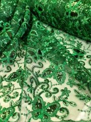 ´´Emerald Green Lace Fabric with Butterflies, Sequins, and Mesh for Dresses and