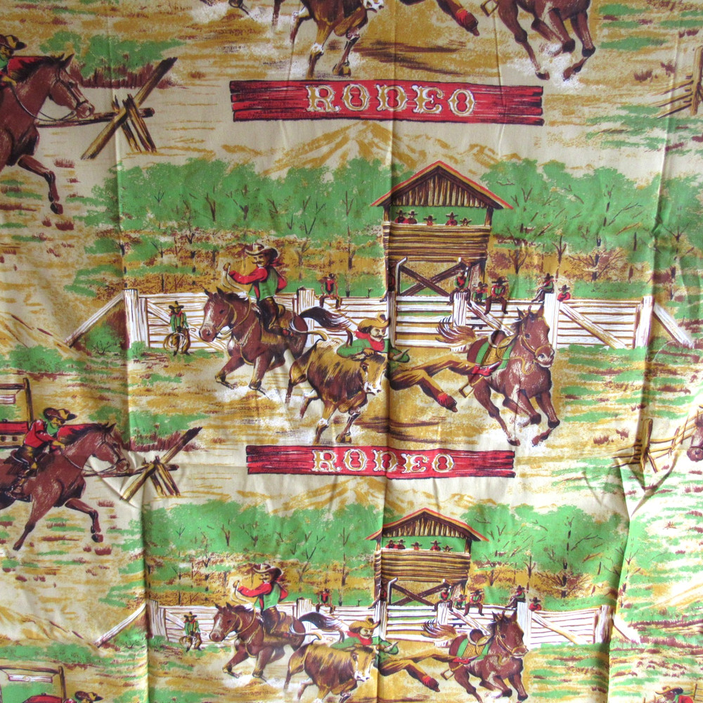 vtg Western Rodeo Fabric Cowboys Horses Ranch Fort Fence 36″ x 44″