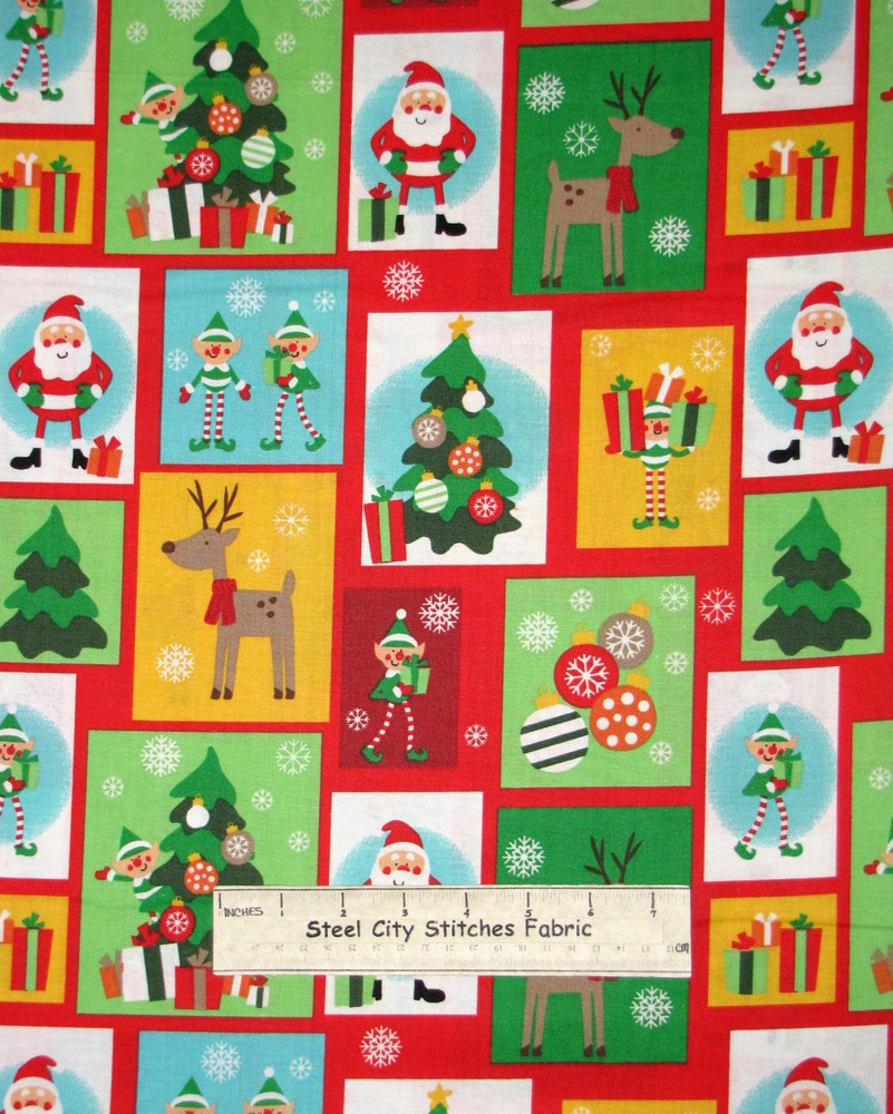 Christmas Tree Reindeer Elf Fabric By the Yard Cotton Ole Saint Nick