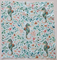 Fabric Cotton Pic A -Seahorse Flowers Leaves on Lt Green- 14 1/4″ L x 13 1/4″ W