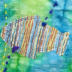 Fabric Tie Dye Appliquéd Sea Life Fish Blue Green Cotton India Approx 3.5 Yd